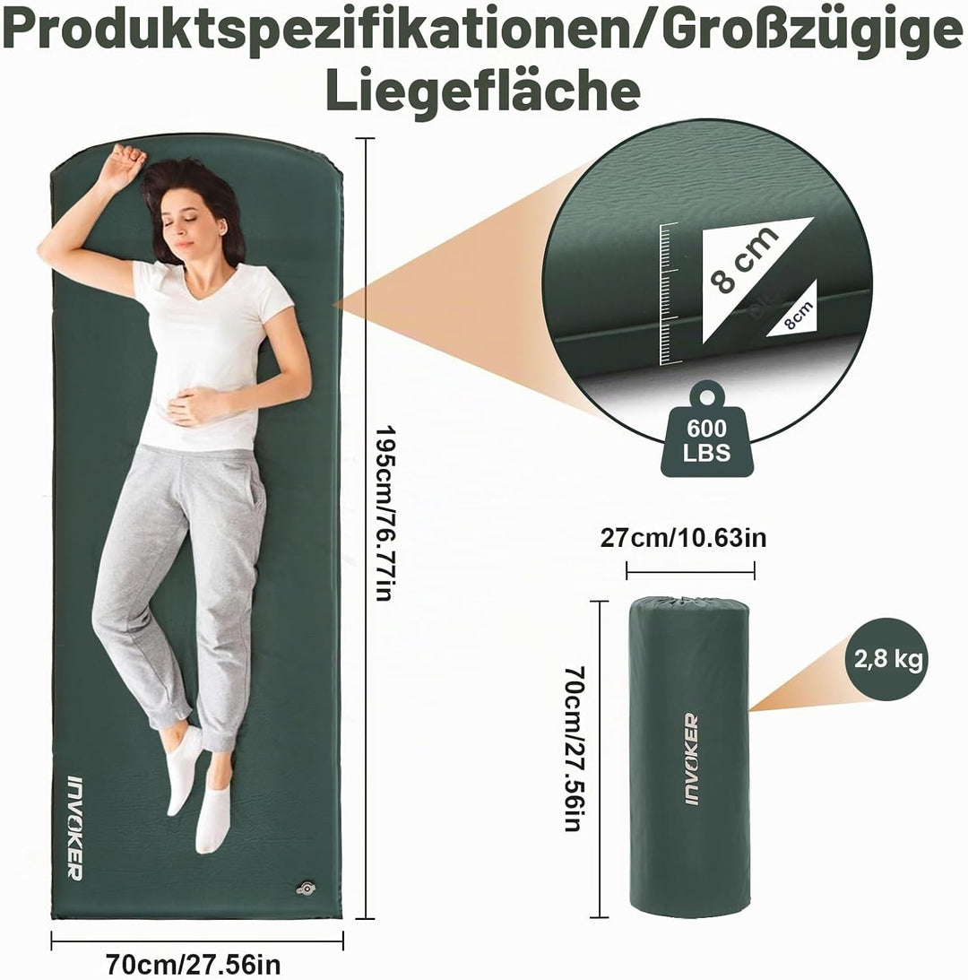 Invoker Camping-Isomatte 8cm, ultradicker elastischer Schaumstoff, Schnell Selbstaufblasend isoliert