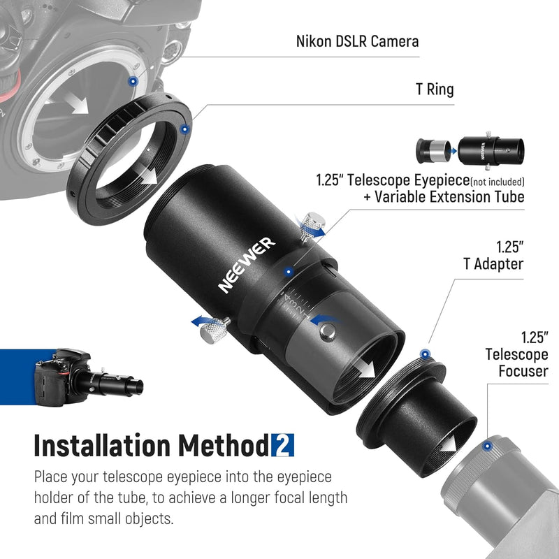 NEEWER Variabler 1,25" Teleskop Kameraadapter und 1,25" Verlängerungsrohrset, kompatibel mit Nikon D