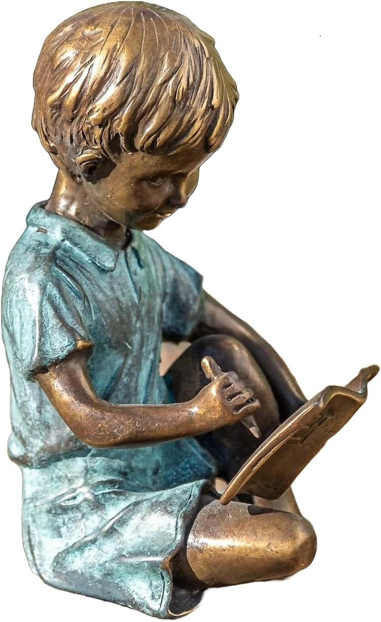 IDYL Bronze-Skulptur Kind Junge mit Buch|15x10x8 cm | Kinderfigur aus Bronze | Gartenskulptur oder W