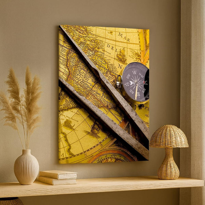 Bilder auf Leinwand 55x100cm Leinwandbild mit Rahmen Kompass Abenteuer Reisen Gross Wanddeko Bild Sc