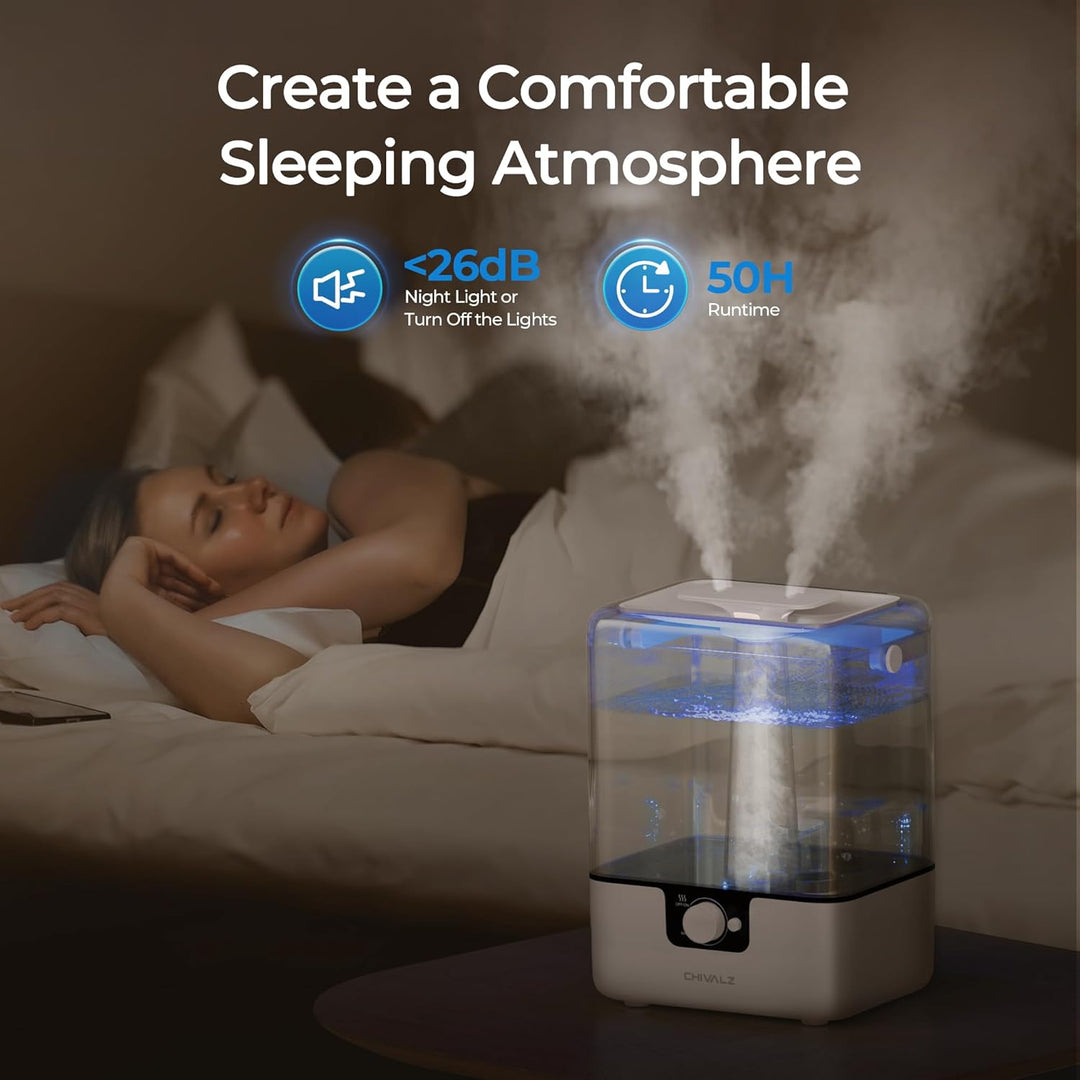 CHIVALZ Top Fill Luftbefeuchter für Grosse Räume, 6L mit Nachtlicht, 360°Drehbare Düse Humidifier, 2