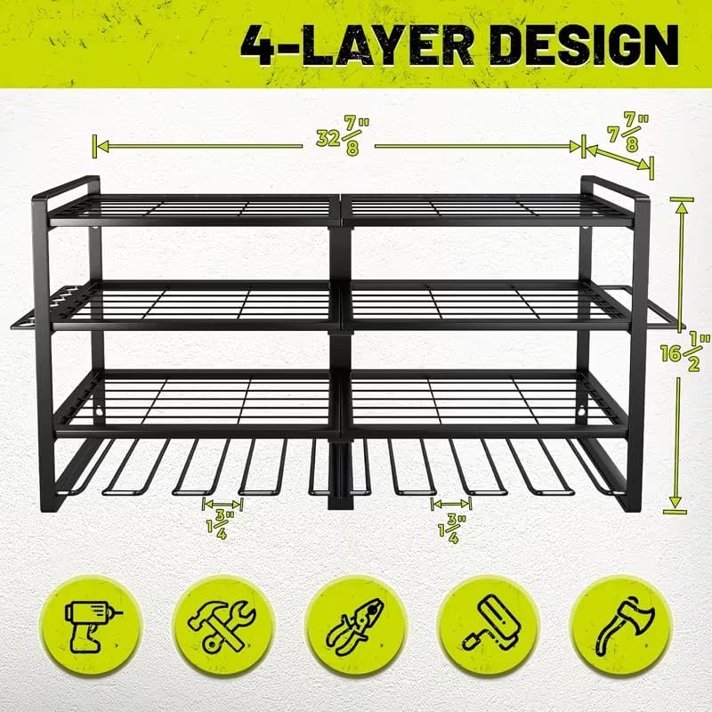 4-tier electric tool storage rack, heavy-duty metal shelf, wall-mounted garage organizer with slots