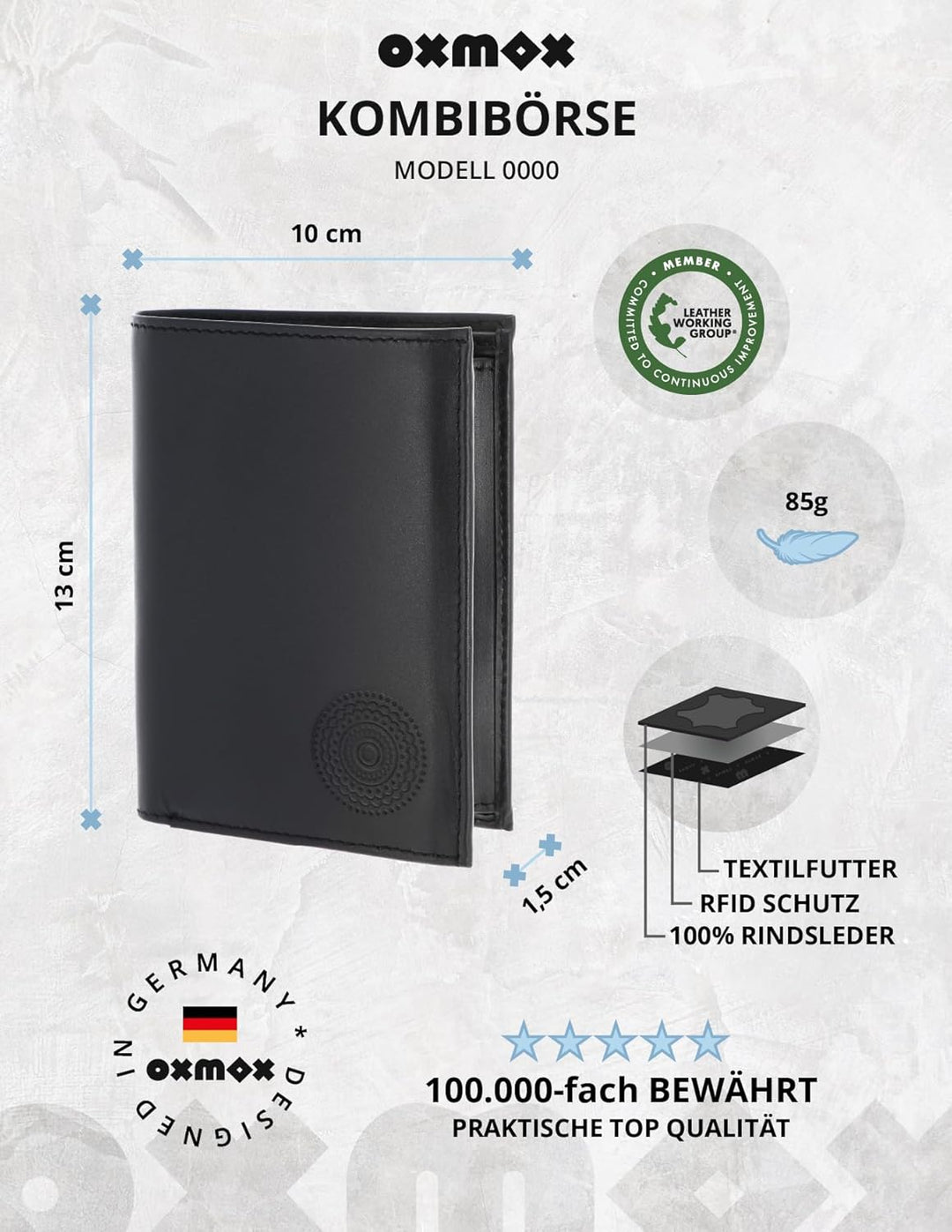 Oxmox Leder Geldbörse Leather RFID Protect Kombibörse Circle Bloom Embossed Black schwarz Circle Blo