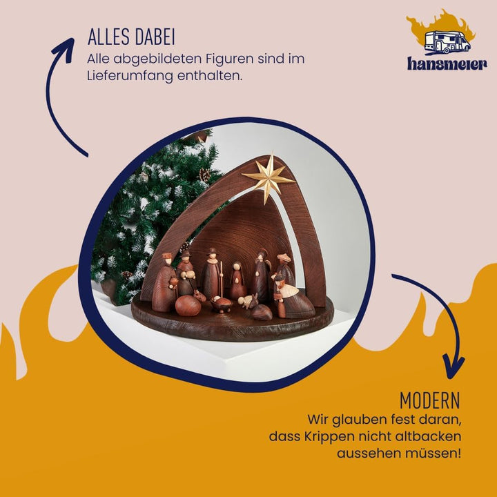 Moderne Weihnachtskrippe - Krippe für Weihnachten - 58x45x39 cm - inkl. Krippenfiguren - Hochwertige