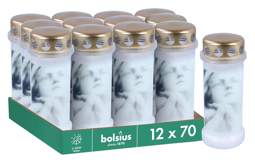 Bolsius Grablicht - Weiss - 12 Stück - Länge Brenndauer 70 Stunden - Trauerkerze &amp; Gedenkstätte Kerz