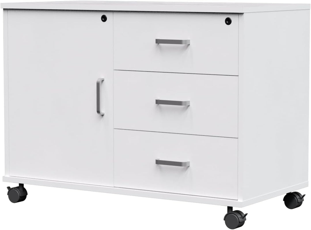 Rollcontainer mit 3 Schubladen und 1 Tür, Abschliessbarer Aktenschrank Büroschrank mit Rollen, Mobil
