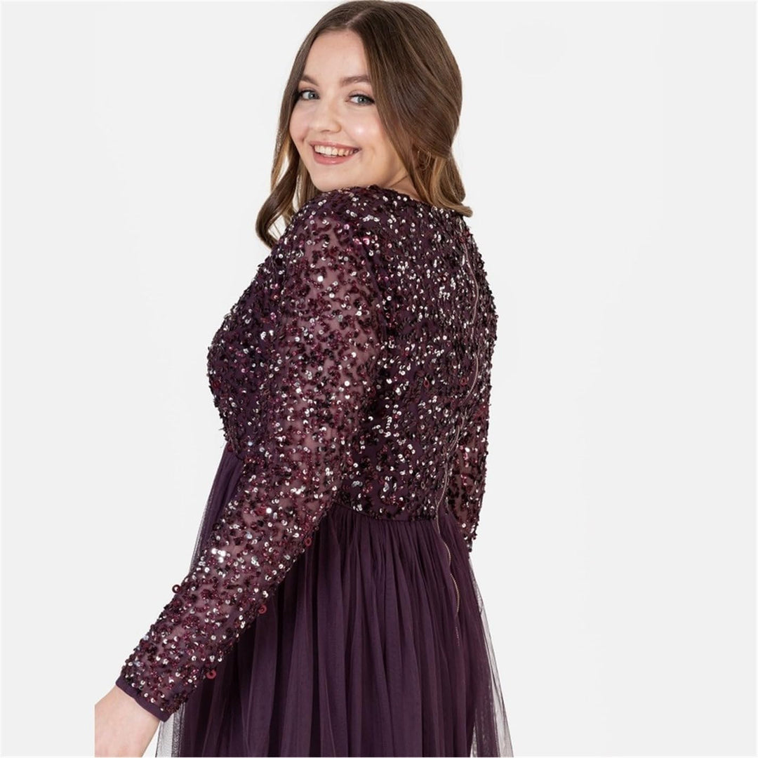 Maya Deluxe Damen Ladies Maxi Dress Women with Long Sleeves V Neckline Plunging Sequin Embellished f