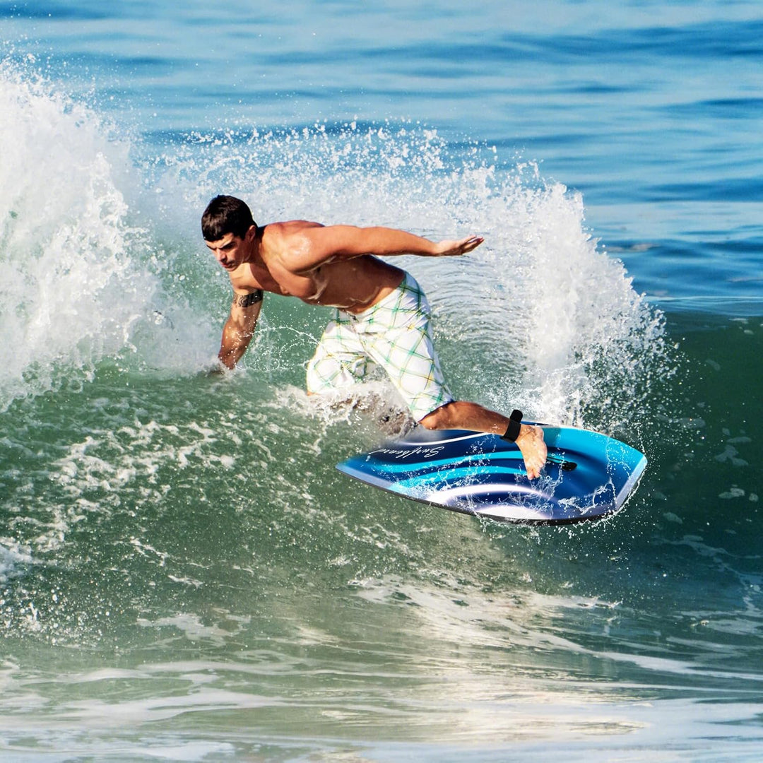 GYMAX Leichtes Bodyboard, Surfbrett mit EPS-Kern, XPE-Deck, HDPE-Unterseite, Halbmond-Heck & Handgel