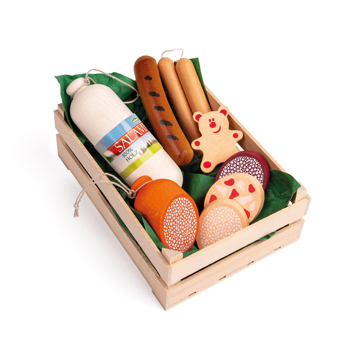 Erzi 28140 Sortiment Wurstwaren aus Holz, Kaufladenartikel für Kinder, Rollenspiele