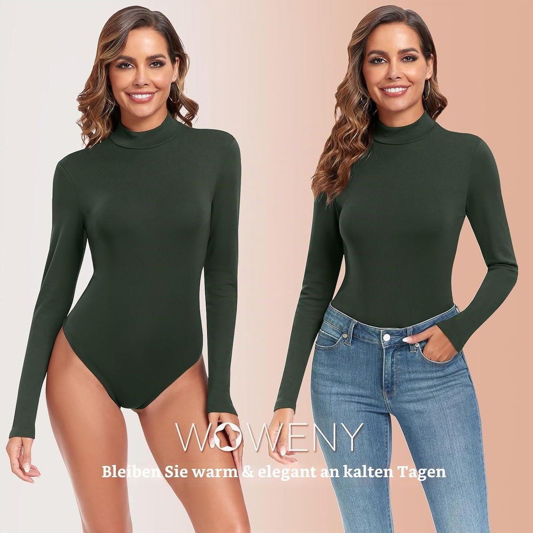 WOWENY Damen Body Langarm mit Stehkragen - Thermo Bodysuit Fleece Oberteile Shirts Rolli Pullover Ro