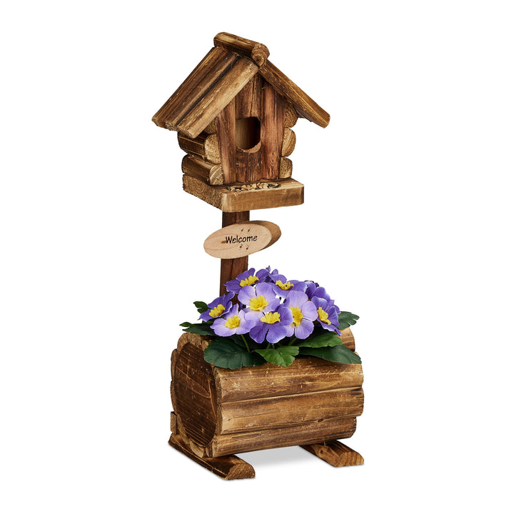 Relaxdays Deko Vogelhaus mit Blumentopf, Tannenholz, rustikales Design, HxBxT: 41 x 15 x 15 cm, Deko
