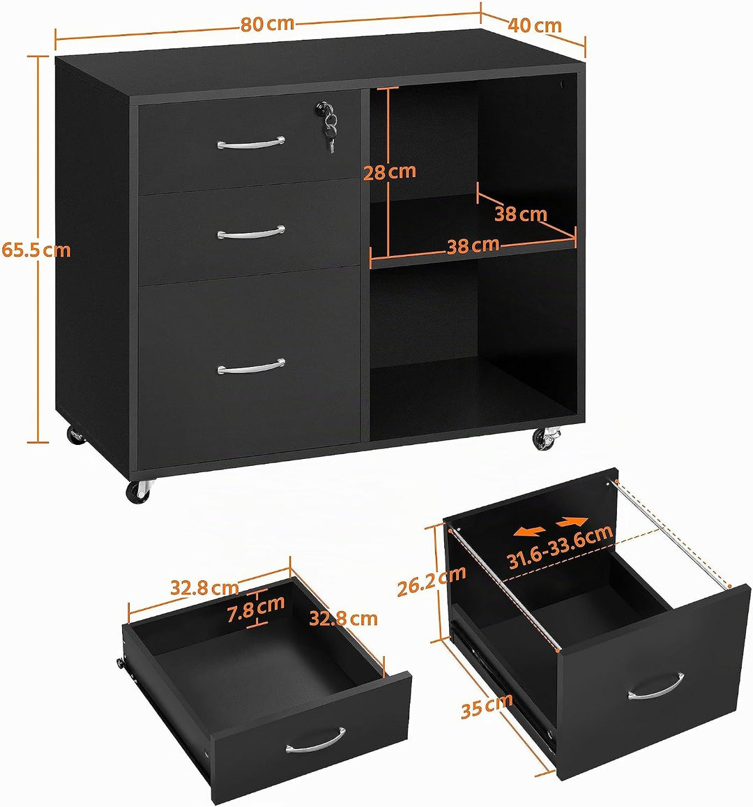 Yaheetech Rollcontainer, Aktenschrank, Büroschrank mit 5 Rollen, 3 Schubladen und 2 offenen Fächern,