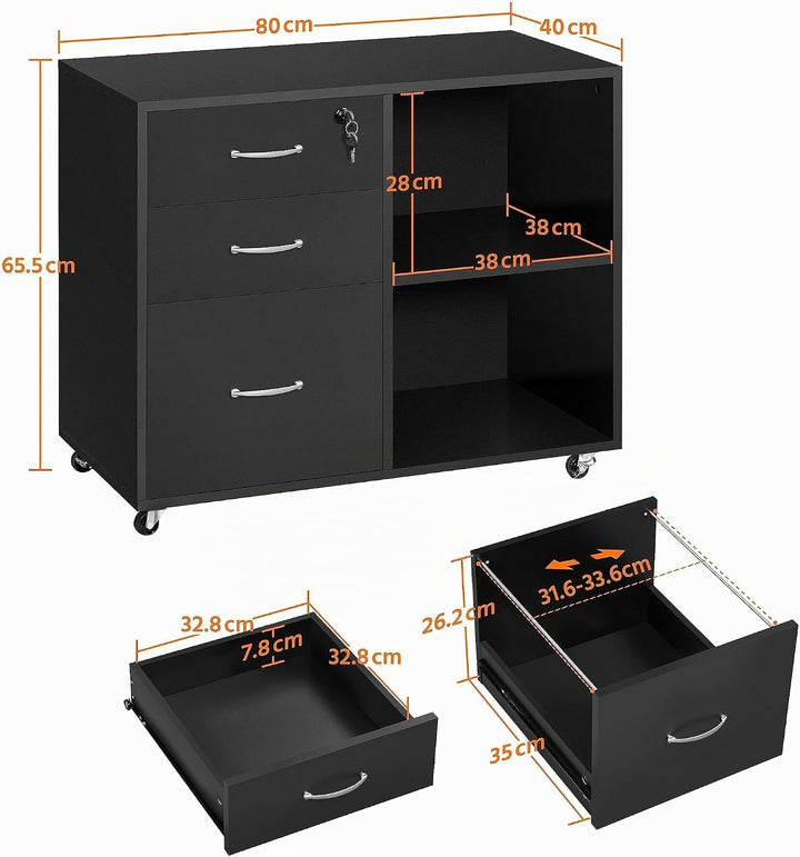 Yaheetech Rollcontainer, Aktenschrank, Büroschrank mit 5 Rollen, 3 Schubladen und 2 offenen Fächern,