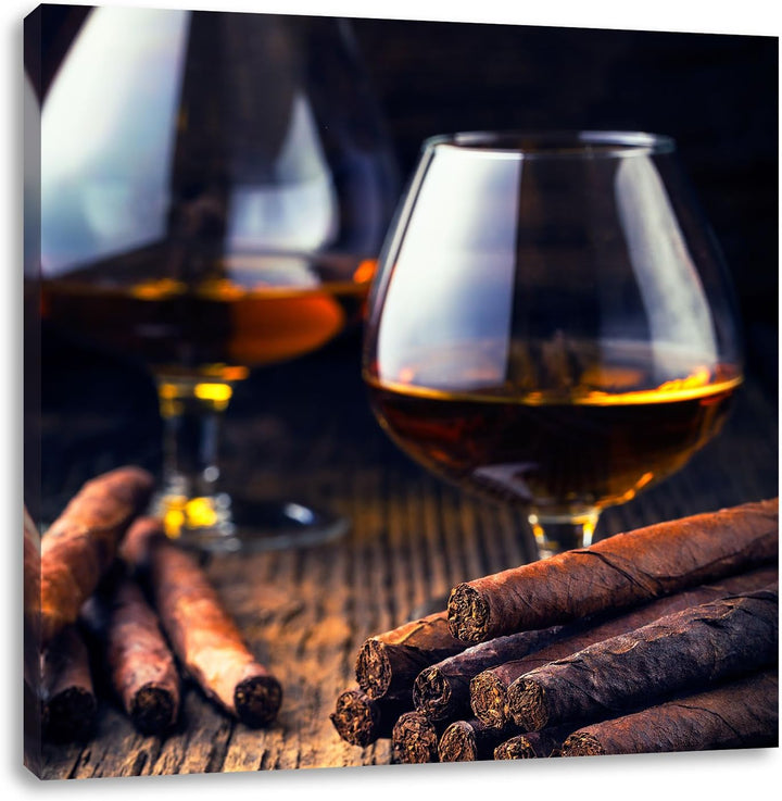Pixxprint Whisky mit Zigarre als Leinwandbild/Grösse: 70x70 cm/Wandbild/Kunstdruck/fertig bespannt,