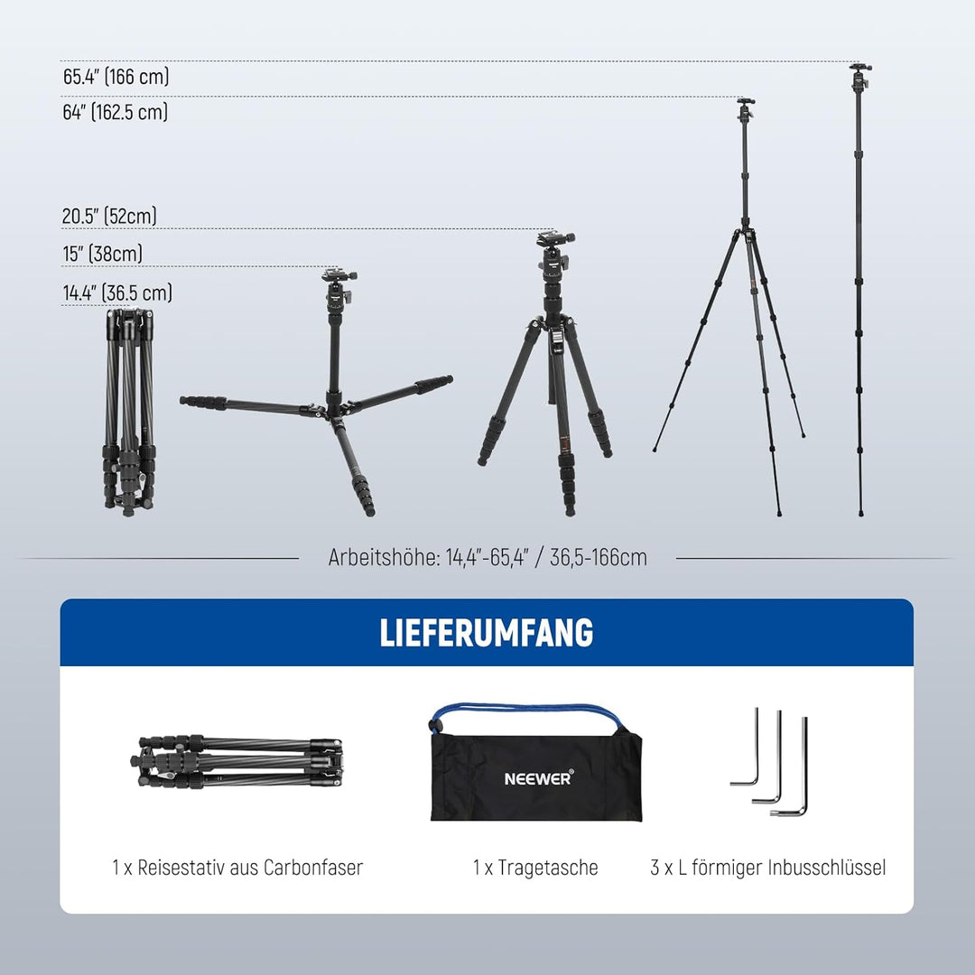 NEEWER Carbonfaser Kamerastativ Einbeinstativ, 65" leichtes kompaktes tragbares DSLR Video 360°Reise