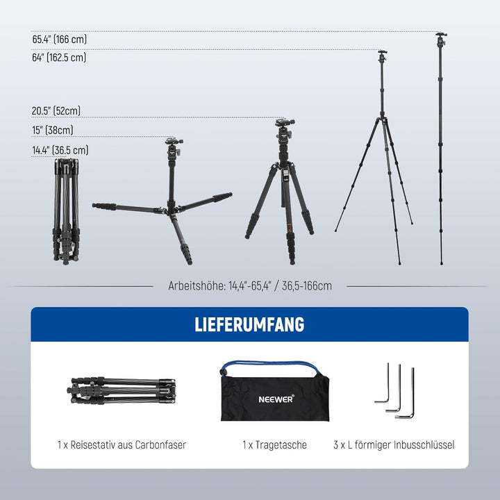 NEEWER Carbonfaser Kamerastativ Einbeinstativ, 65" leichtes kompaktes tragbares DSLR Video 360°Reise
