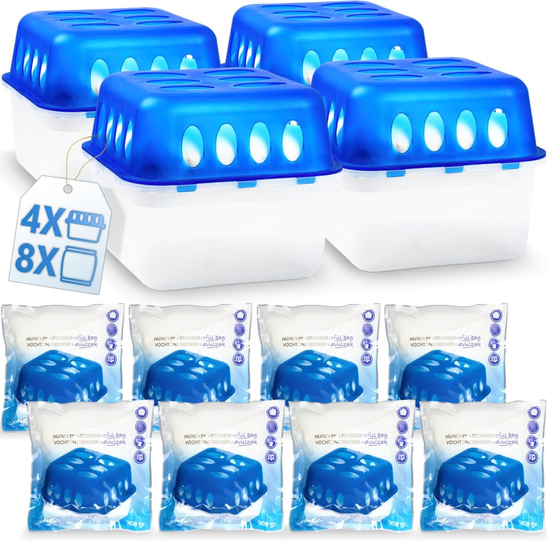 Stimo 4x Luftentfeuchter Box mit 8 Nachfüllpacks Raumentfeuchter Feuchtigkeits-Stopper mit Granulat