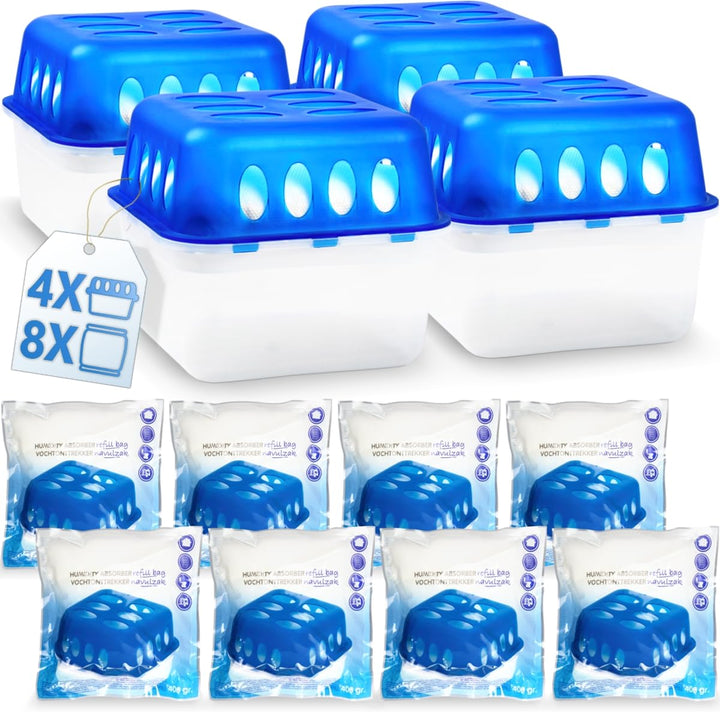 Stimo 4x Luftentfeuchter Box mit 8 Nachfüllpacks Raumentfeuchter Feuchtigkeits-Stopper mit Granulat