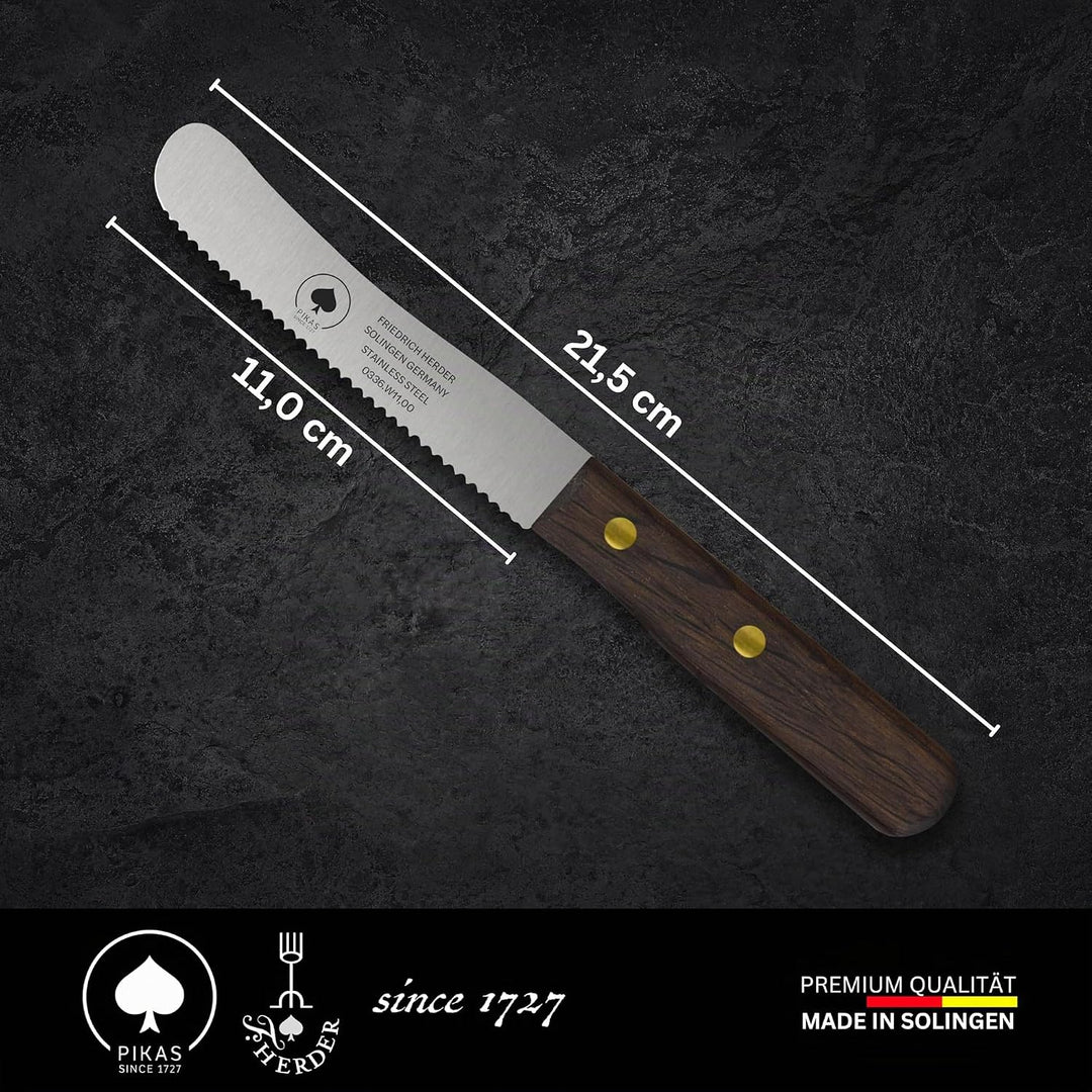 Solingen Messer, 2er Set Räuchereiche Holzgriff, Wellenschliff, Premium Buckelmesser, Klinge rostfre