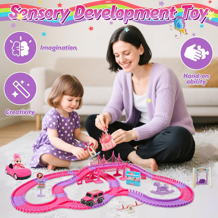 ROCKY&CHAO Autorennbahn Rennbahn Kinderspielzeug 248 Stück mit Puppe, Flexible Track Spiele Spielzeu
