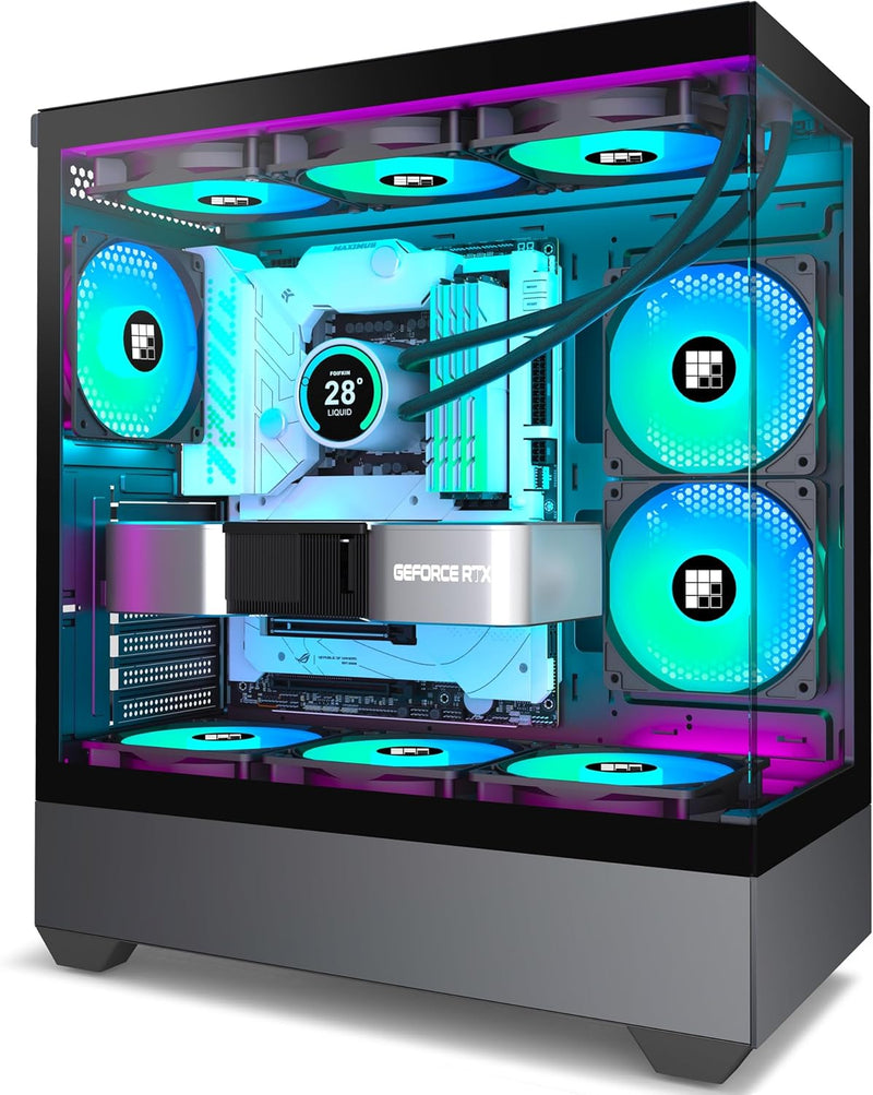 FOIFKIN PC Gehäuse - Vorinstallierter 5 PWM ARGB-Lüfter, ATX Mid-Tower Gaming PC Gehäuse, 270° Panor
