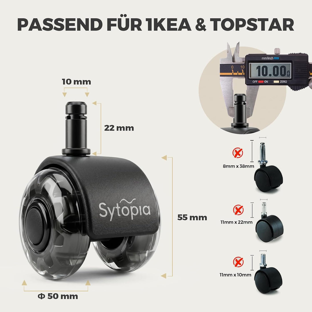 Sytopia Bürostuhl Rollen mit 10mm X 22mm Stift, 5er Set Rollen für 1KEA Bürostühle, Hartbodenrollen