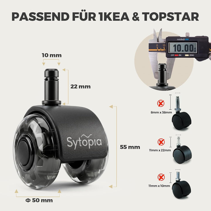 Sytopia Bürostuhl Rollen mit 10mm X 22mm Stift, 5er Set Rollen für 1KEA Bürostühle, Hartbodenrollen