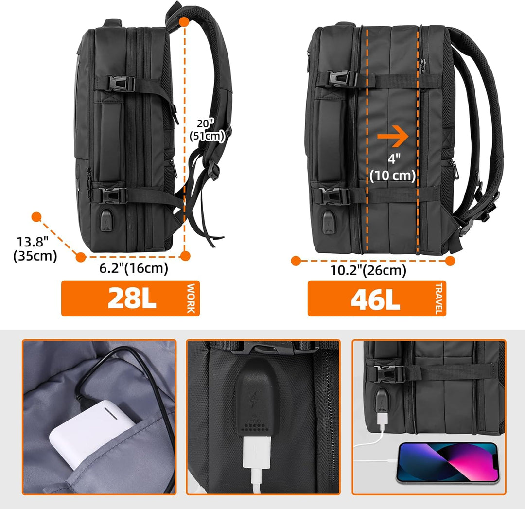 KINGSLONG Handgepäck Reiserucksack 46L Laptop Rucksack 19 Zoll, Erweiterbar Diebstahlsicher Wasserab