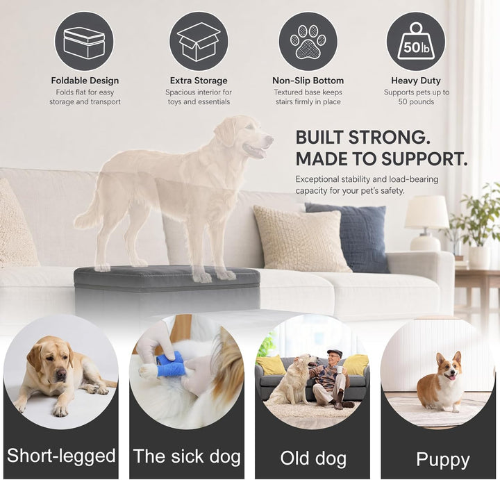 Hundetreppe mit Stauraum, faltbar, 2 Stufen, rutschfeste breite Hunderampe, Haustiertreppe für Bett