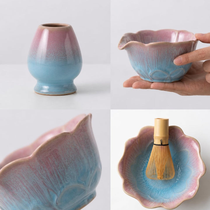 Matcha Set 5-teilig, Matcha Schale mit Ausgiesser in Blumenform Blau Rosa, Chasen, Bambusbesen, Chas