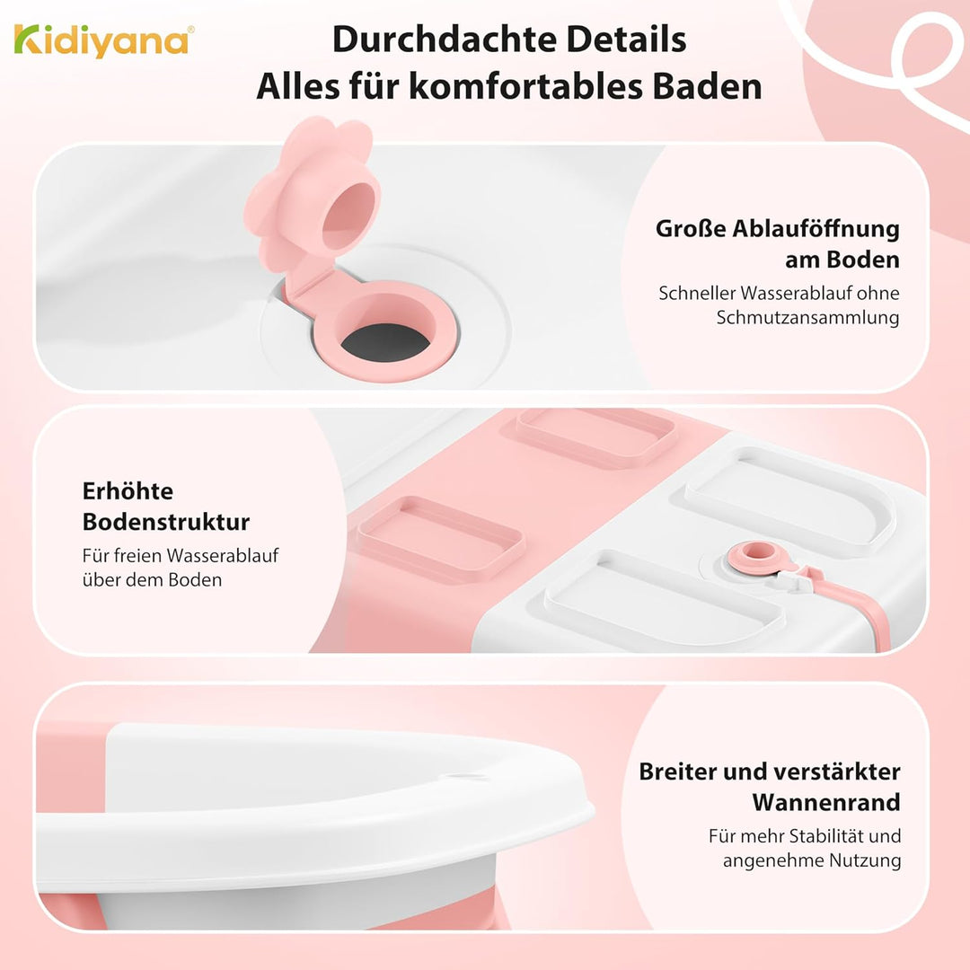 Baby Badewanne faltbar mit Gestell, stabil und rutschfest, platzsparend klappbar, mit Ablauf, PP & T