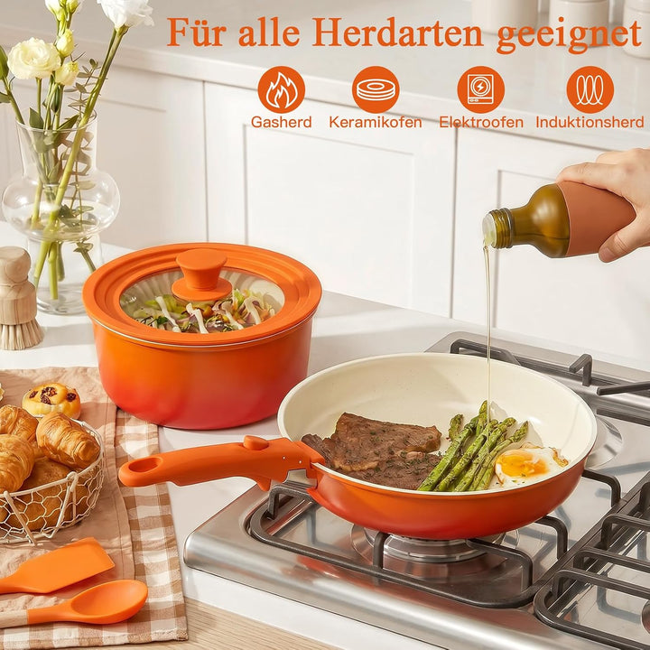 GiPP 21PCS Granit Topfset mit Abnehmbarer Griff,Induktions Topfsets Oranger Farbverlauf 21PCS-Gross,
