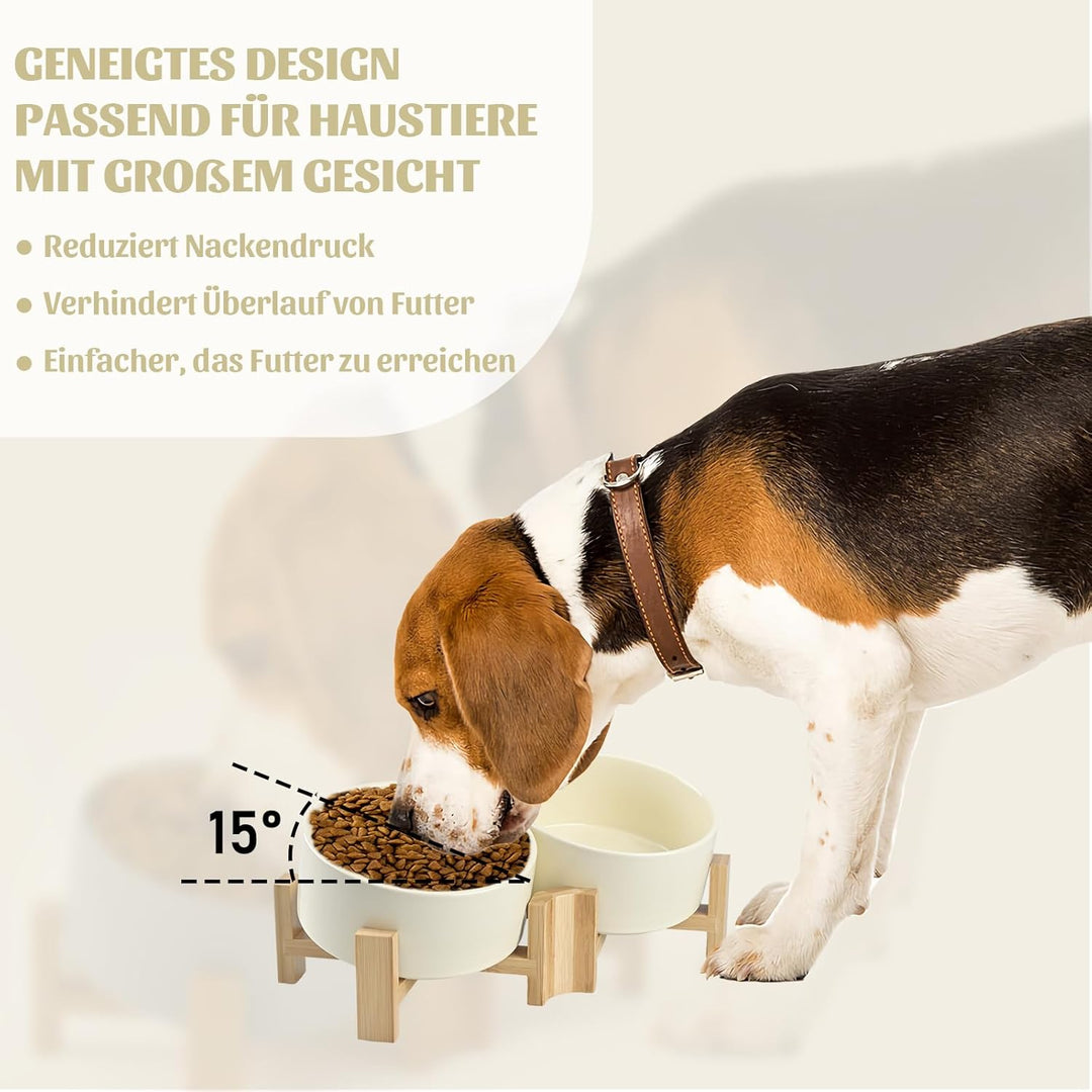 SPUNKYJUNKY 15° Kippbare Keramik Hundenapf mit Holzständer Futter und Wassernapf rutschfest für Hund