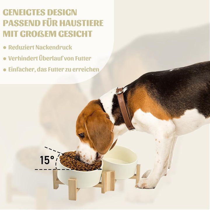 SPUNKYJUNKY 15° Kippbare Keramik Hundenapf mit Holzständer Futter und Wassernapf rutschfest für Hund