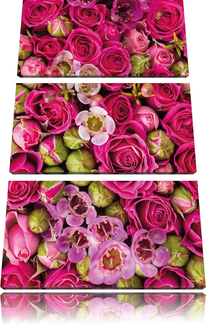 Pixxprint Rosa Rote Rosen als Leinwandbild - Grösse: 3-Teilig (120x80cm) - Wandbild - Kunstdruck - f