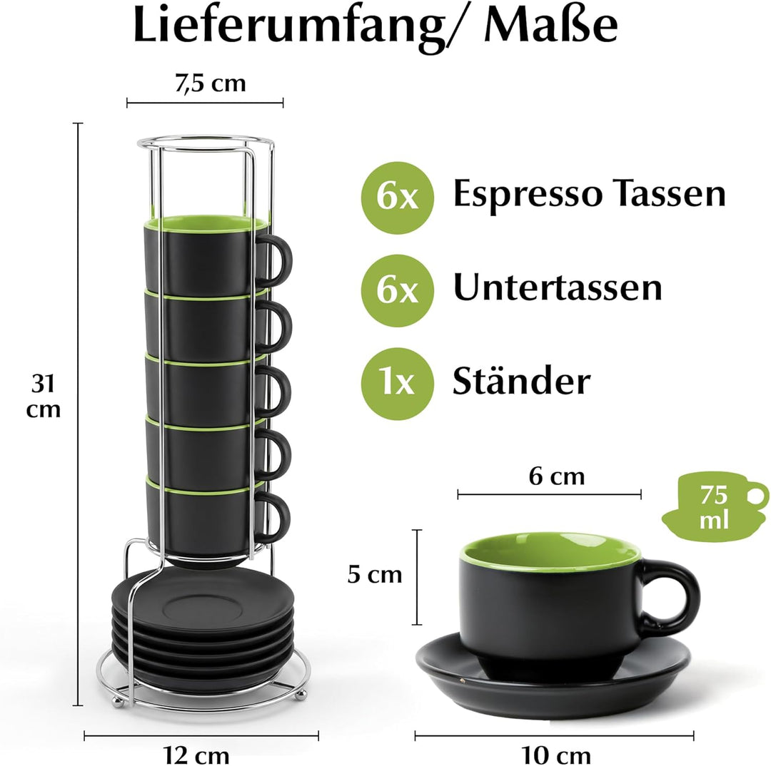 MIAMIO - 6 x 75 ml Espressotassen Set/Espresso Tassen Set mit Untertasse & Ständer - Kaffeetassen Se