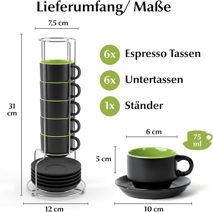 MIAMIO - 6 x 75 ml Espressotassen Set/Espresso Tassen Set mit Untertasse & Ständer - Kaffeetassen Se