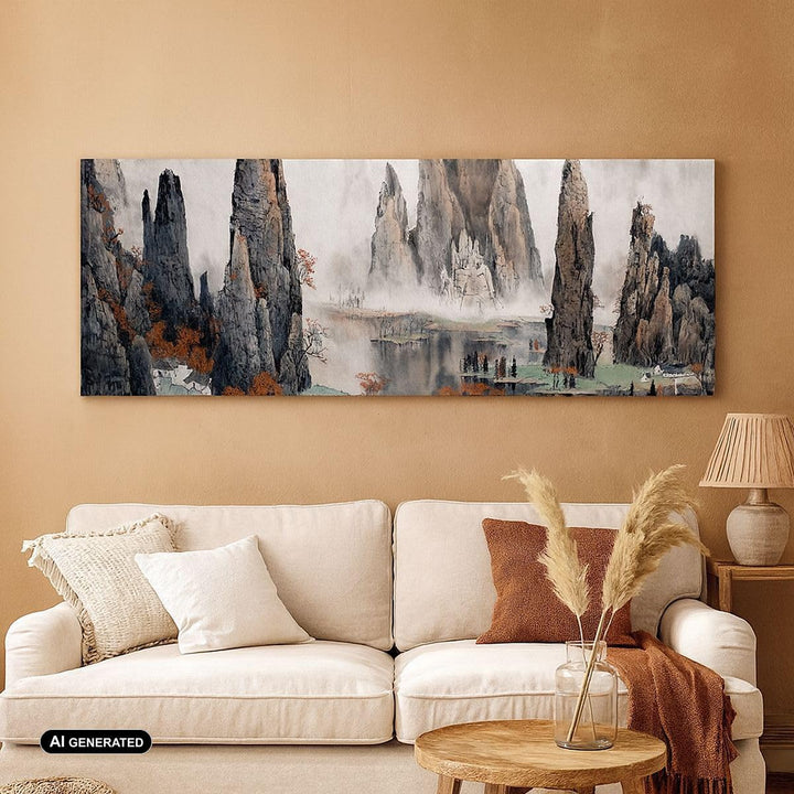 Wandbilder Dekoration Wohnzimmer Berge Märchen Nebel Panorama Bilder auf Leinwand 120x50cm Leinwandb