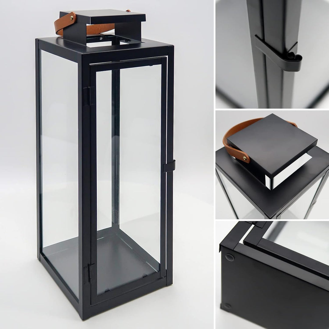 Dekovita 2er-Set Laterne in Schwarz 30cm/42cm - Gartenlaterne mit Glas-Scheiben und Kunstleder-Henke