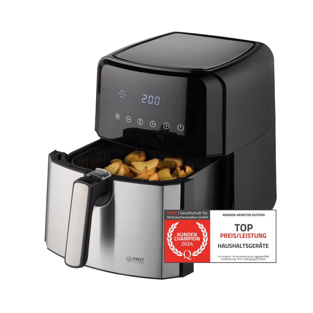 TZS First Austria Heissluftfritteuse 5 L, Antihaft-Edelstahlkorb, Airfryer, digital, 8 Programme, 17