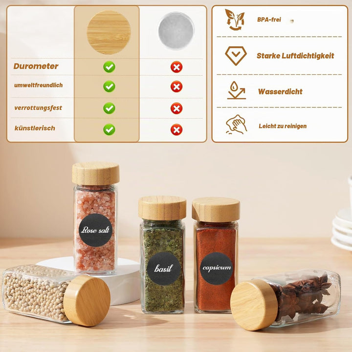 FRIBERG Gewürzgläser Eckig Mit Holzdeckel 12er Set 120ml[etiketten &amp; Streueinsatz]-Gewürzgläser Set-