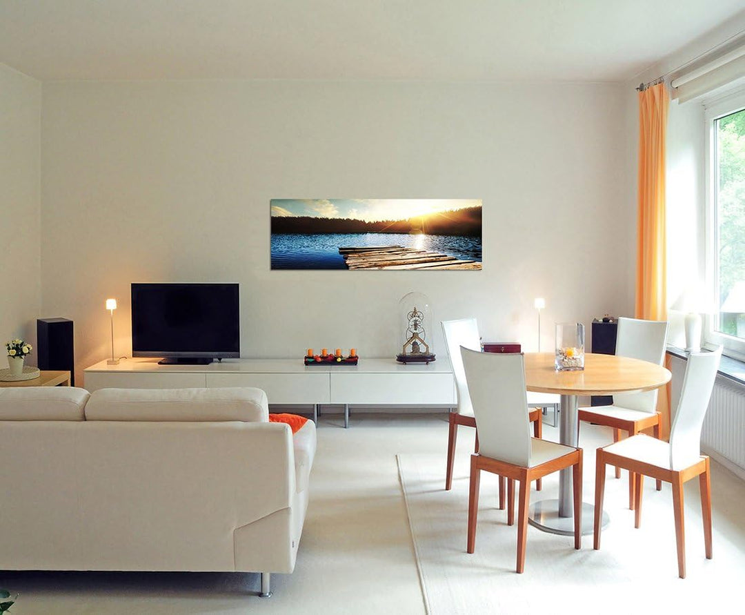 Paul Sinus Art Panoramabild auf Leinwand und Keilrahmen 150x50cm See Holzsteg Wald Sonnenuntergang