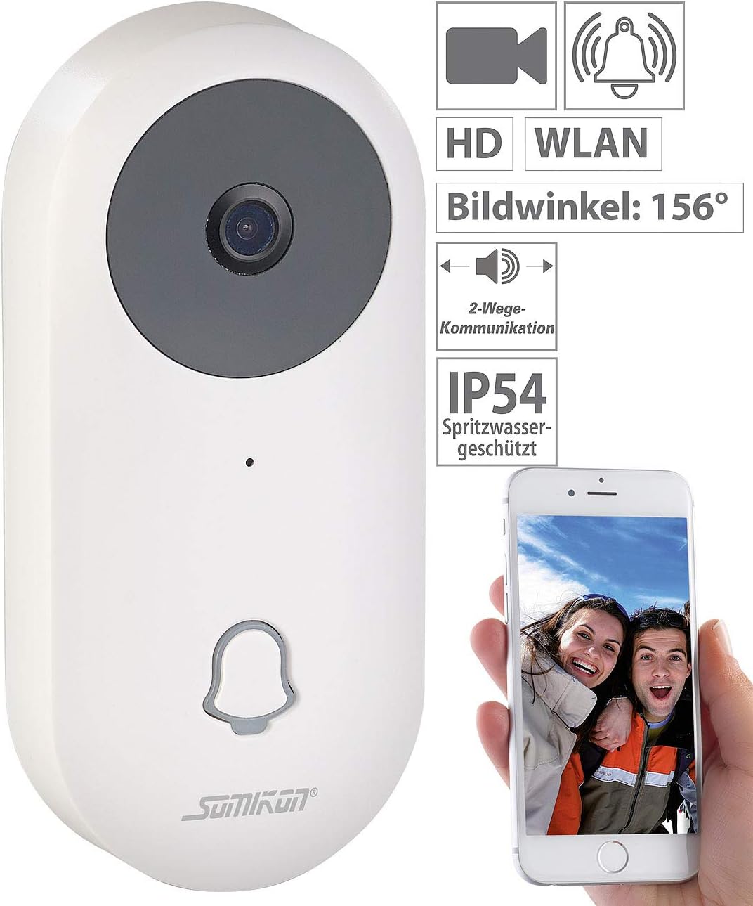 Somikon Klingel mit Kamera: WLAN-HD-Video-Türklingel mit App, Gegensprechen, 156°-Bildwinkel, Akku (
