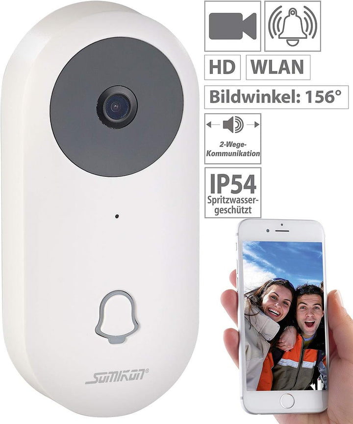 Somikon Klingel mit Kamera: WLAN-HD-Video-Türklingel mit App, Gegensprechen, 156°-Bildwinkel, Akku (