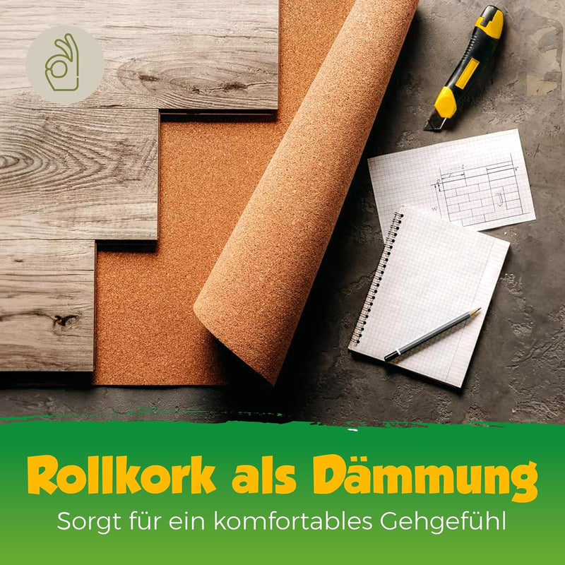 Kork Trittschalldämmung | Dämmung für Laminat & Parkett |Geeignet für Fussbodenheizung | Rollenkork