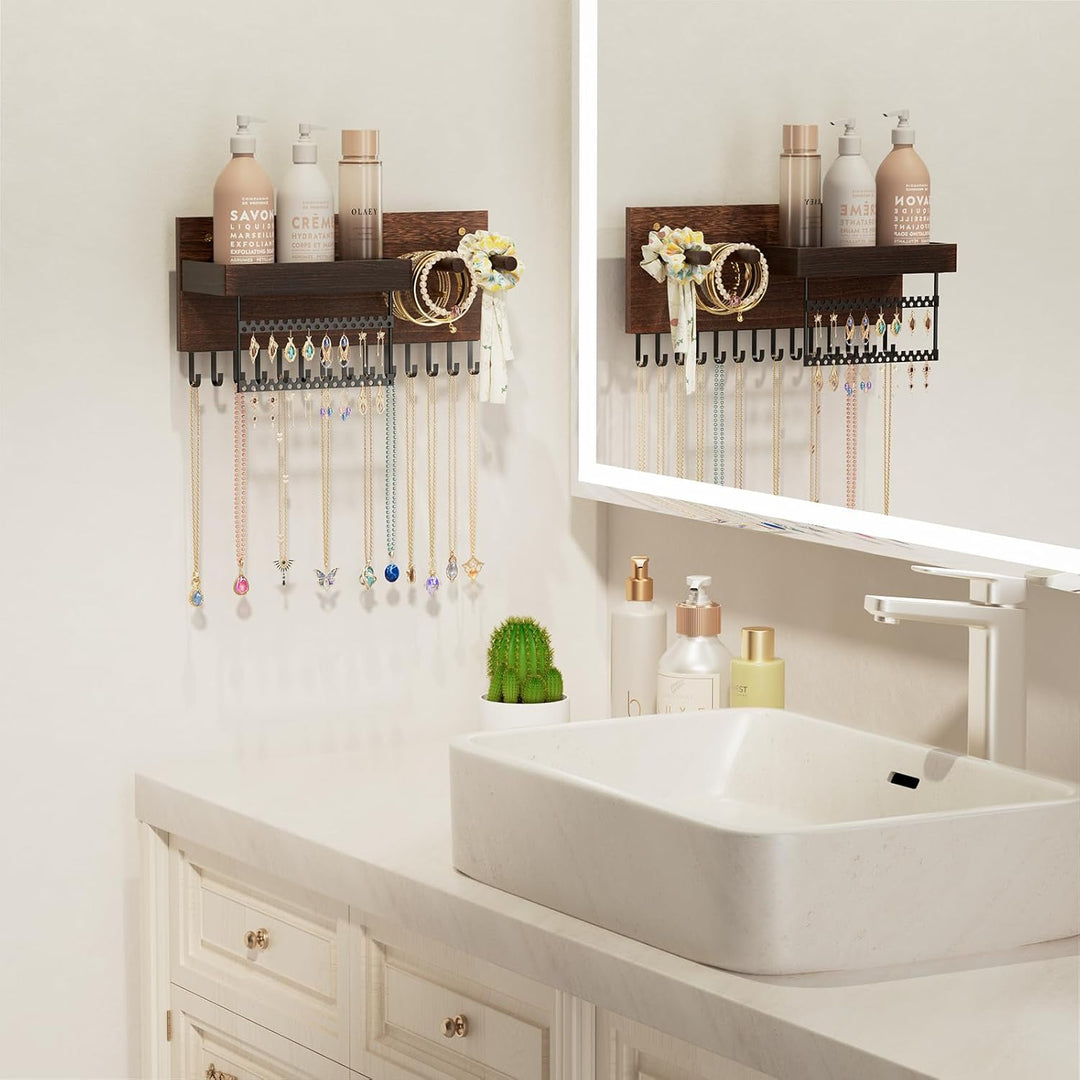 Lolalet Hängeschmuck Organizer, Hölzerne Schmuckaufbewahrungsregal mit 15 Haken, Wandmontierte Halsk