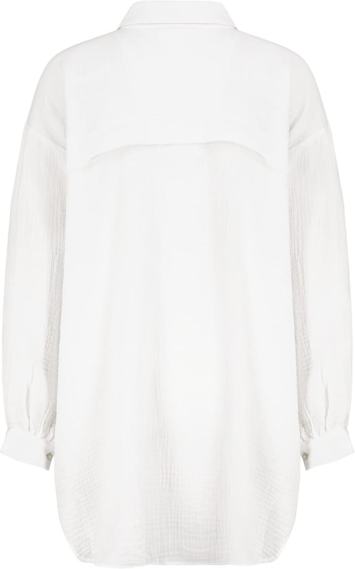Sublevel Damen Musselin Bluse Muslin Long-Bluse Langarm Oversize Baumwolle M-L Weiss, M-L Weiss