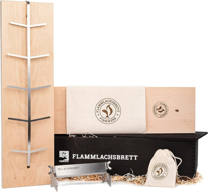 FINNWERK Flammlachsbrett Geschenkset - Lachsbretter mit Halterung aus Edelstahl und patentiertem Win