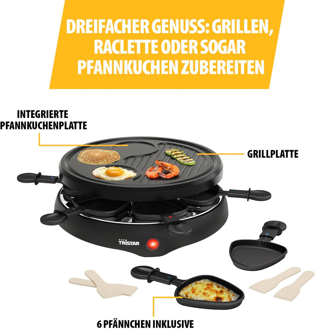 Tristar Raclette für bis zu 6 Personen mit 6 Pfännchen und Crêpe-und Grill-Bereich/Durchmesser 29 cm