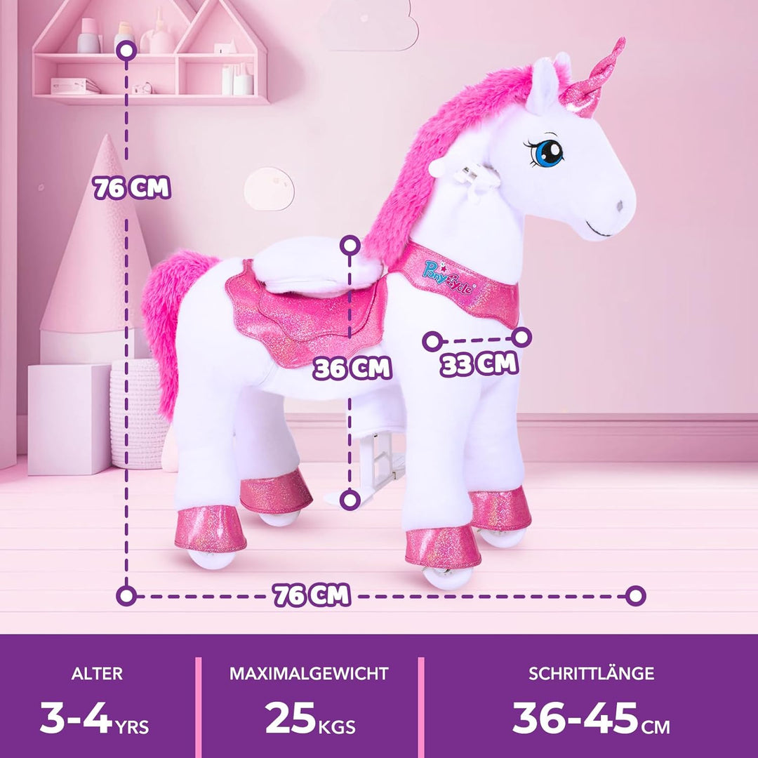 PonyCycle Einhorn auf Rollen, für Kinder 3–4 Jahre, 76cm Hoch, Einhorn zum reiten mit Handbremse, Ei